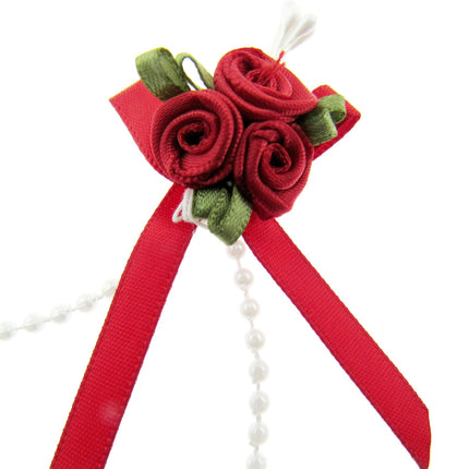 Rose Cluster Ribbon Bows with Green Leaves, Pearl String Beads & Stamens 53413GL