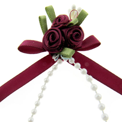Rose Cluster Ribbon Bows with Green Leaves, Pearl String Beads & Stamens 53413GL