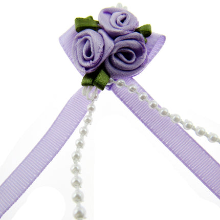 Rose Cluster Ribbon Bows with Green Leaves, Pearl String Beads & Stamens 53413GL