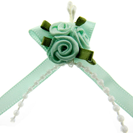 Rose Cluster Ribbon Bows with Green Leaves, Pearl String Beads & Stamens 53413GL