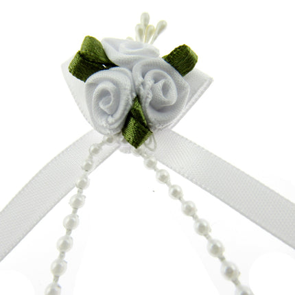 Rose Cluster Ribbon Bows with Green Leaves, Pearl String Beads & Stamens 53413GL