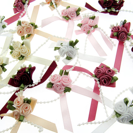 Rose Cluster Ribbon Bows with Green Leaves, Pearl String Beads & Stamens 53413GL