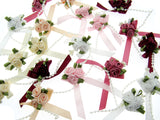 Rose Cluster Ribbon Bows with Green Leaves, Pearl String Beads & Stamens 53413GL