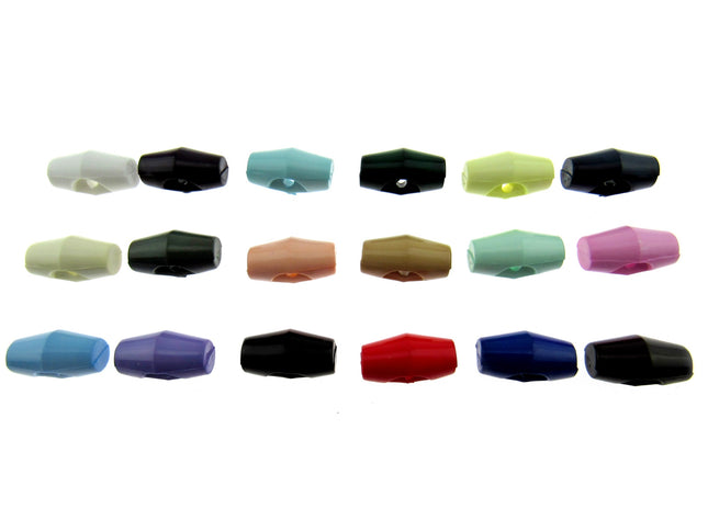 An array of plastic baby toggle buttons in various solid colors displayed in two rows.