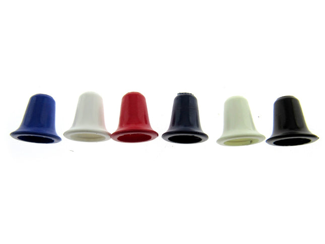 A selection of bell-shaped cord ends in various solid colors aligned in a row.