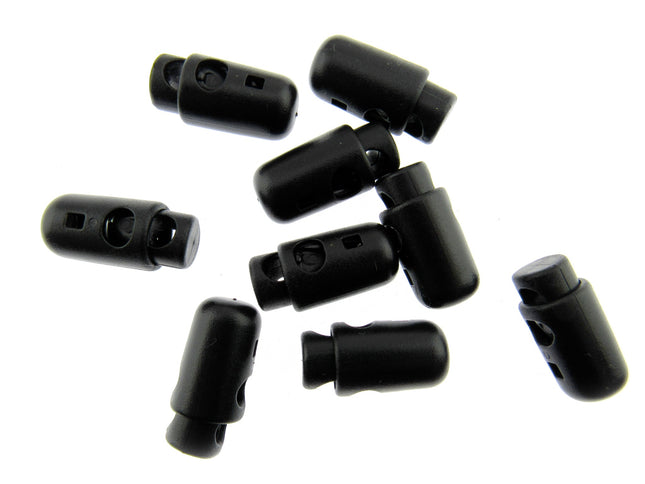 A collection of black torpedo cord locks approximately 25mm x 13mm in size, displayed on a white background.