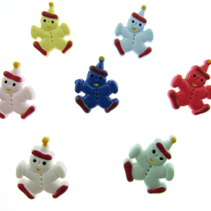 Hand painted plastic buttons in the shape of clowns in various colors including white, yellow, blue, pink, red, and green.