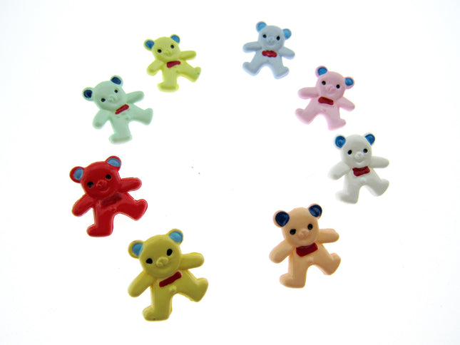 A selection of bright hand painted teddy bear buttons on a white background