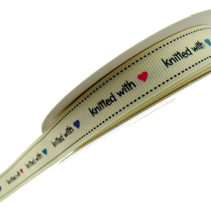Bertie's Ivory "Knitted With Love Heart" - 16mm Wide - Grosgrain - BTB013