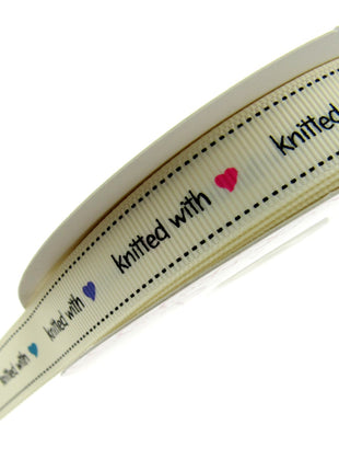 Bertie's Ivory "Knitted With Love Heart" - 16mm Wide - Grosgrain - BTB013