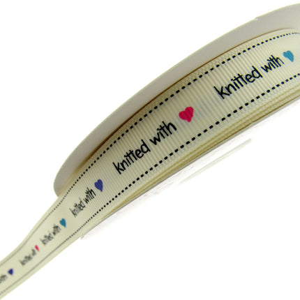 Bertie's Ivory "Knitted With Love Heart" - 16mm Wide - Grosgrain - BTB013