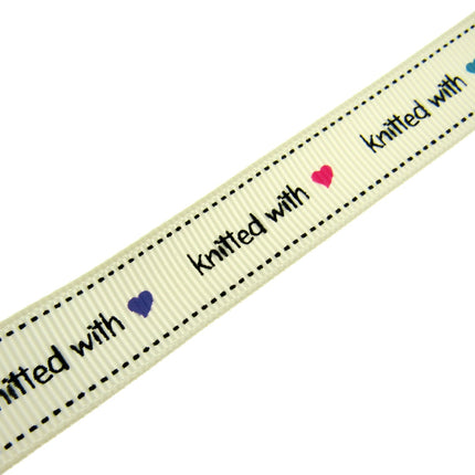 Bertie's Ivory "Knitted With Love Heart" - 16mm Wide - Grosgrain - BTB013