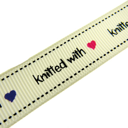 Bertie's Ivory "Knitted With Love Heart" - 16mm Wide - Grosgrain - BTB013