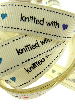 Bertie's Ivory "Knitted With Love Heart" - 16mm Wide - Grosgrain - BTB013