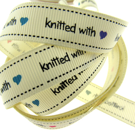 Bertie's Ivory "Knitted With Love Heart" - 16mm Wide - Grosgrain - BTB013