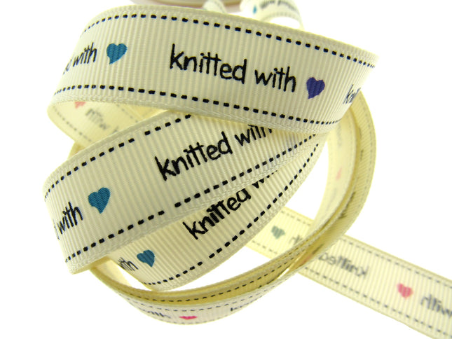 Bertie's Ivory "Knitted With Love Heart" - 16mm Wide - Grosgrain - BTB013