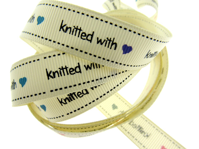 Bertie's Ivory "Knitted With Love Heart" - 16mm Wide - Grosgrain - BTB013