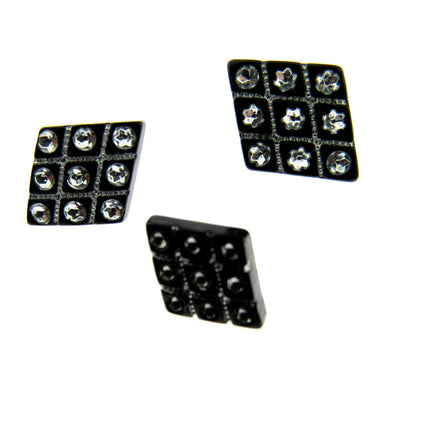 Three black diamante flower shank buttons arranged in a 2x2 grid pattern on a white background.