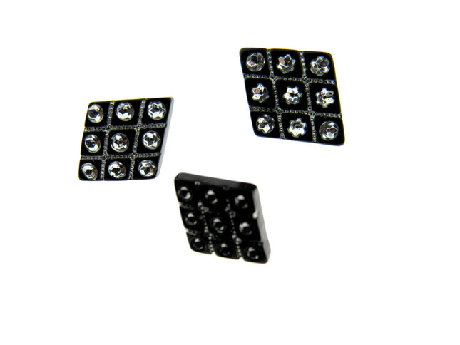 Three black diamante flower shank buttons arranged in a 2x2 grid pattern on a white background.