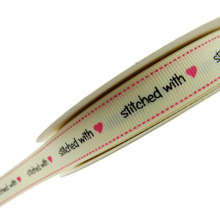 Bertie's Ivory "Stitched with Love" - 16mm Wide - Grosgrain - BTB014 - ThreadandTrimmings