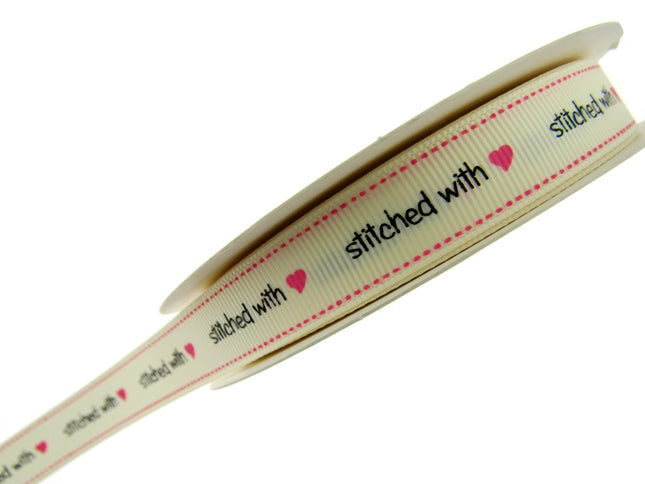 Bertie's Ivory "Stitched with Love" - 16mm Wide - Grosgrain - BTB014 - ThreadandTrimmings