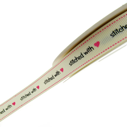 Bertie's Ivory "Stitched with Love" - 16mm Wide - Grosgrain - BTB014 - ThreadandTrimmings