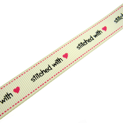 Bertie's Ivory "Stitched with Love" - 16mm Wide - Grosgrain - BTB014 - ThreadandTrimmings