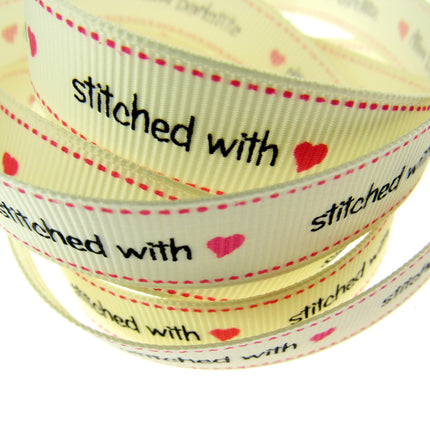 Bertie's Ivory "Stitched with Love" - 16mm Wide - Grosgrain - BTB014 - ThreadandTrimmings