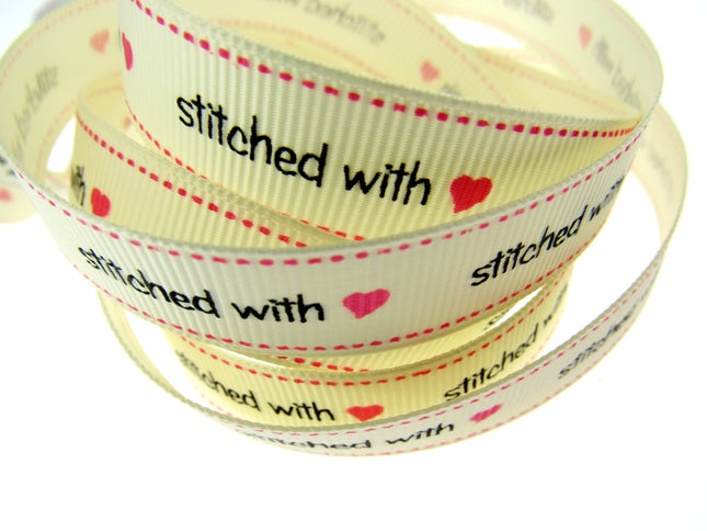 Bertie's Ivory "Stitched with Love" - 16mm Wide - Grosgrain - BTB014 - ThreadandTrimmings