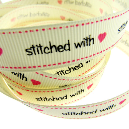 Bertie's Ivory "Stitched with Love" - 16mm Wide - Grosgrain - BTB014 - ThreadandTrimmings