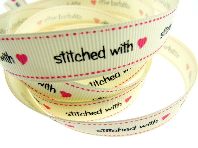 Bertie's Ivory "Stitched with Love" - 16mm Wide - Grosgrain - BTB014 - ThreadandTrimmings