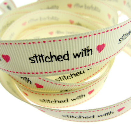Bertie's Ivory "Stitched with Love" - 16mm Wide - Grosgrain - BTB014 - ThreadandTrimmings