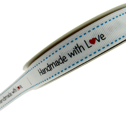 Bertie's White "Hand Made With Love" Ribbon - 16mm Wide - Grosgrain - BTB149