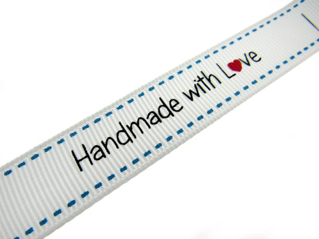 Bertie's White "Hand Made With Love" Ribbon - 16mm Wide - Grosgrain - BTB149