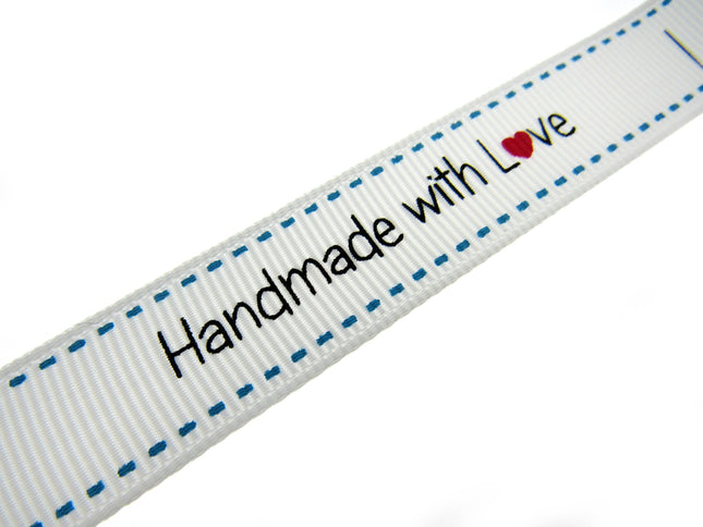 Bertie's White "Hand Made With Love" Ribbon - 16mm Wide - Grosgrain - BTB149
