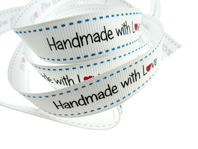 Bertie's White "Hand Made With Love" Ribbon - 16mm Wide - Grosgrain - BTB149