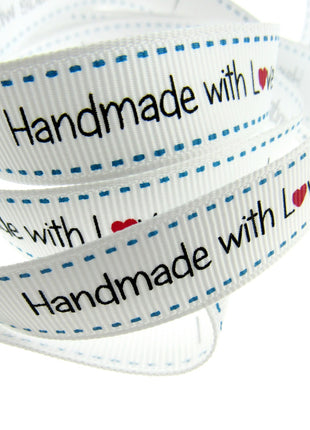 Bertie's White "Hand Made With Love" Ribbon - 16mm Wide - Grosgrain - BTB149