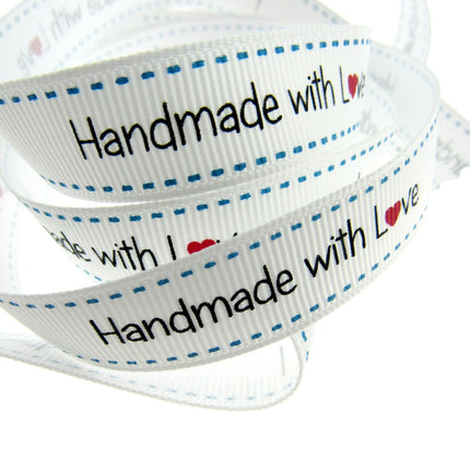 Bertie's White "Hand Made With Love" Ribbon - 16mm Wide - Grosgrain - BTB149