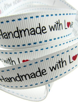 Bertie's White "Hand Made With Love" Ribbon - 16mm Wide - Grosgrain - BTB149