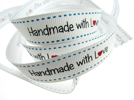 Bertie's White "Hand Made With Love" Ribbon - 16mm Wide - Grosgrain - BTB149