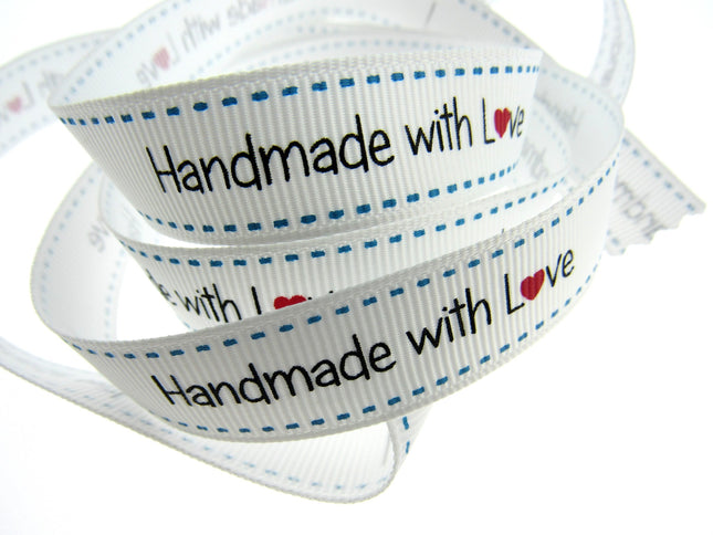 Bertie's White "Hand Made With Love" Ribbon - 16mm Wide - Grosgrain - BTB149