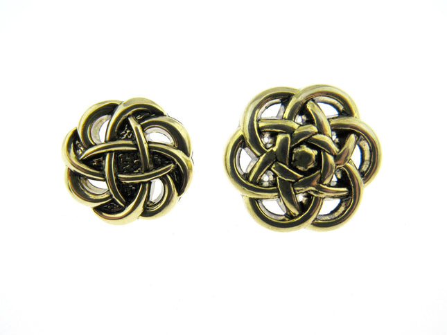 A pair of antique gold open filigree buttons with shank, displaying a geometric pattern, commonly used in clothing for fastening or decorative purposes.