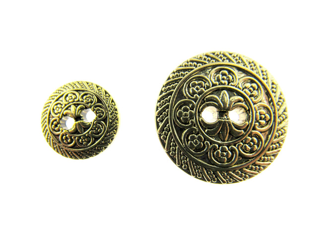 Two oriental style sew though hole buttons in gold on a white background