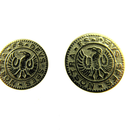 Gold roman coin shank buttons on a white background