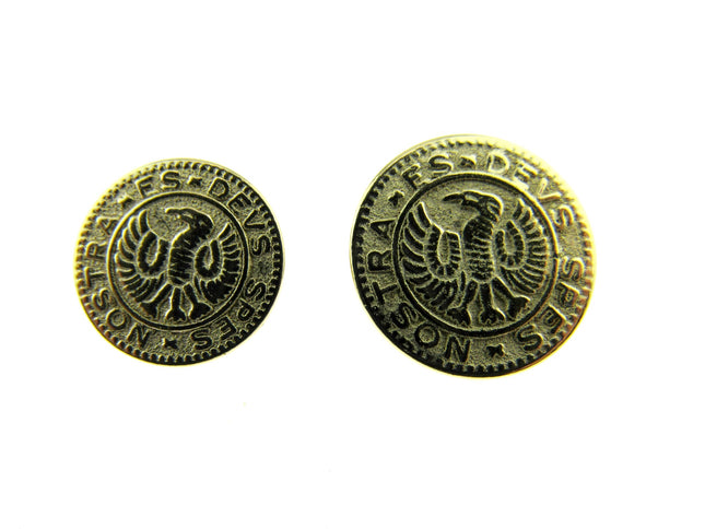 Gold roman coin shank buttons on a white background
