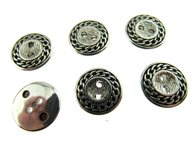 Silver Blazer Button Rope Chain Edge 2 Hole Sew Through 15mm 18mm Pack of 6