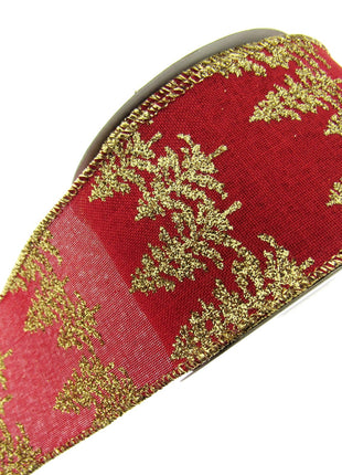 Wired Red Hessian Christmas Ribbon Gold Lurex Edge & Glitter Trees x 2m - 46062