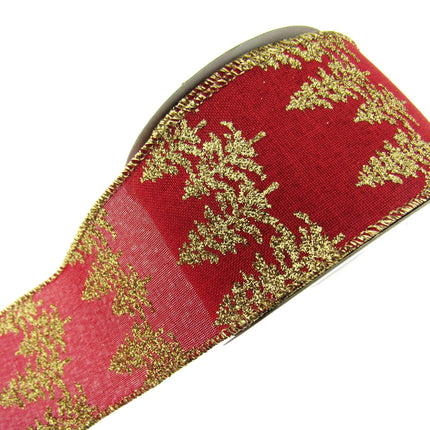 Wired Red Hessian Christmas Ribbon Gold Lurex Edge & Glitter Trees x 2m - 46062
