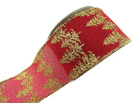 Wired Red Hessian Christmas Ribbon Gold Lurex Edge & Glitter Trees x 2m - 46062