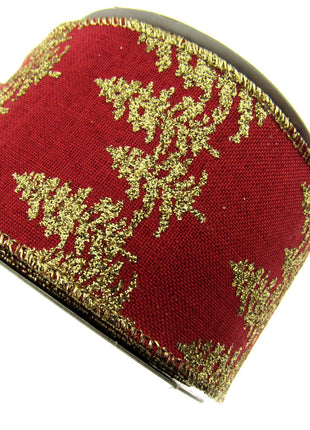 Wired Red Hessian Christmas Ribbon Gold Lurex Edge & Glitter Trees x 2m - 46062